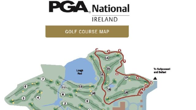 Map of the Slieve Russell PGA National Ireland golf course, showing holes, lakes, hotel, clubhouse, and pathways, with labels for directions to Ballyconnell, Belfast, and Dublin.