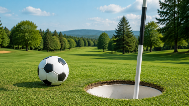 Serene hotel footgolf course with a football by the hole, surrounded by lush trees and scenic hills.